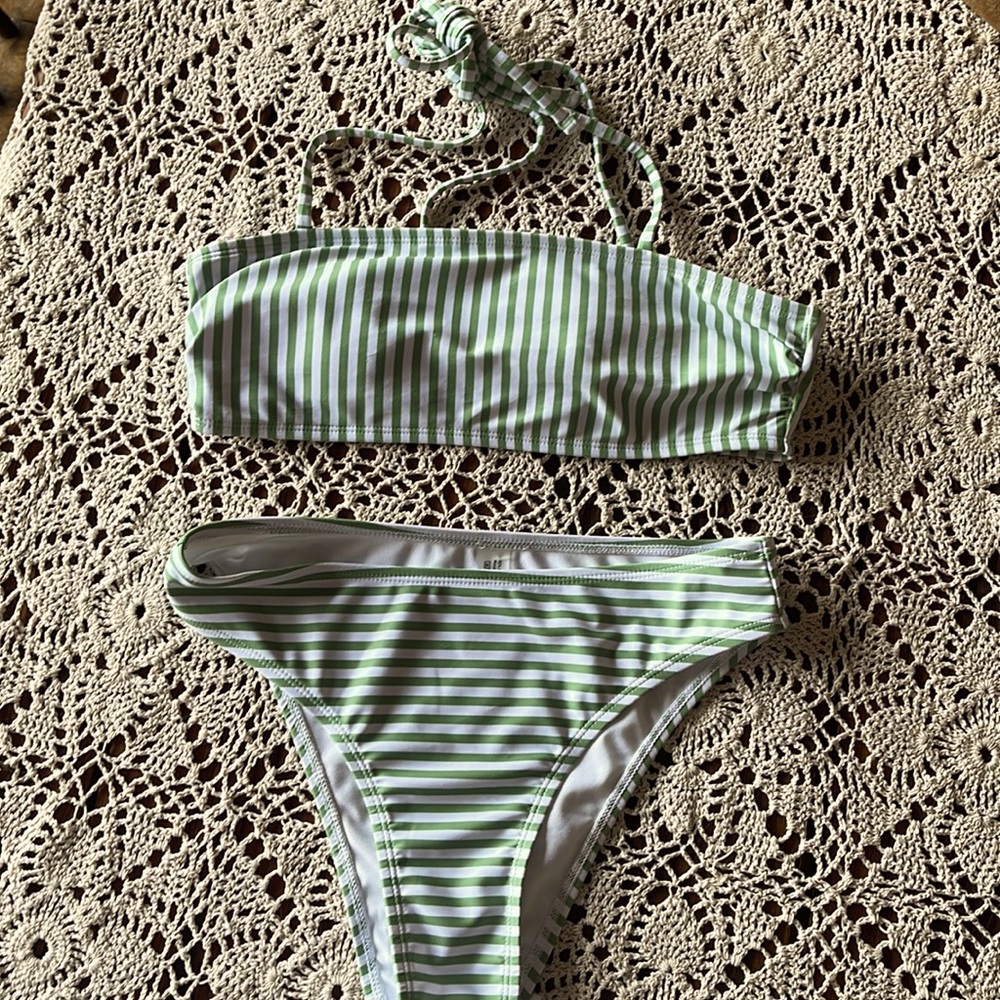 Green and white striped bikini